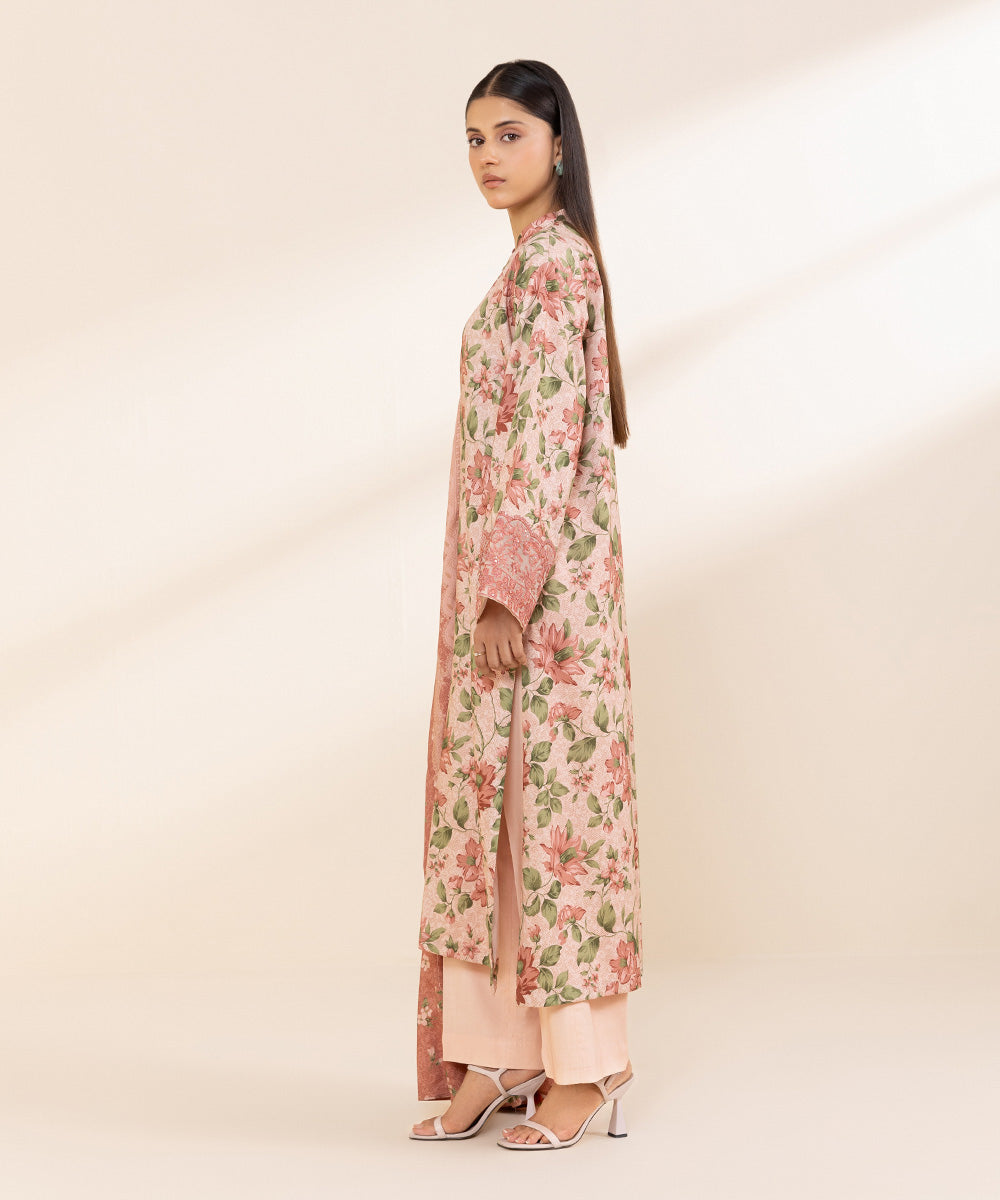 Women's Unstitched Embroidered Linen Pink 3 Piece Suit