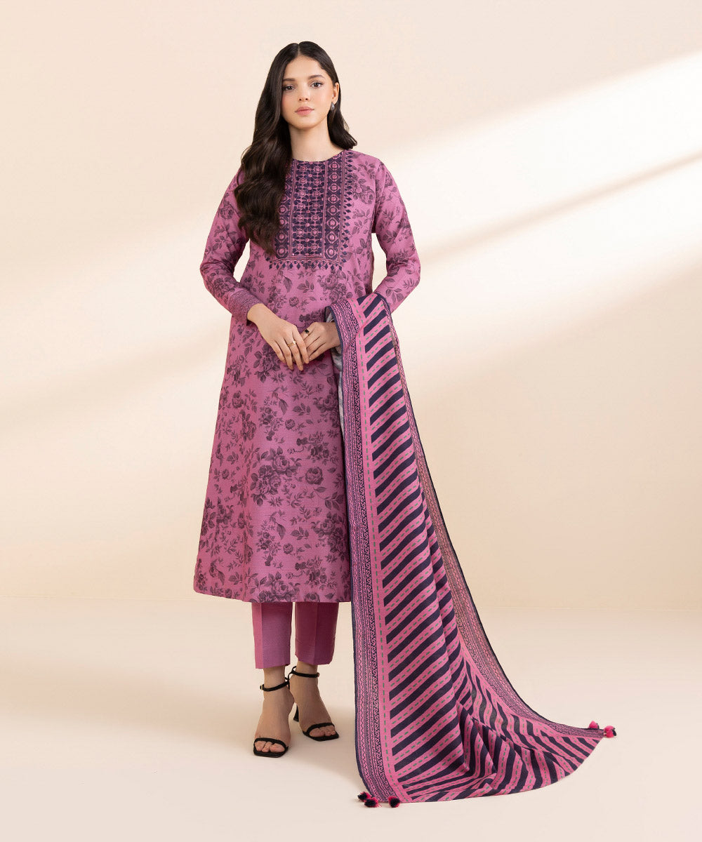 Women's Unstitched Cambric Embroidered Purple 3 Piece Suit