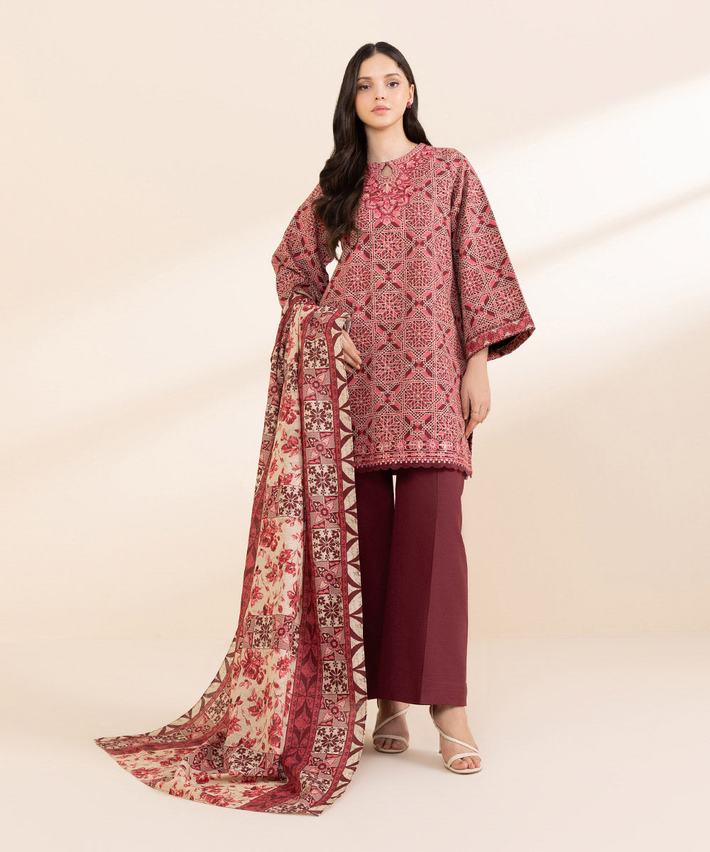 Women's Unstitched Light Khaddar Embroidered Red 3 Piece Suit