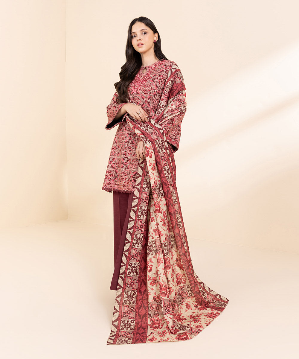 Women's Unstitched Light Khaddar Embroidered Red 3 Piece Suit