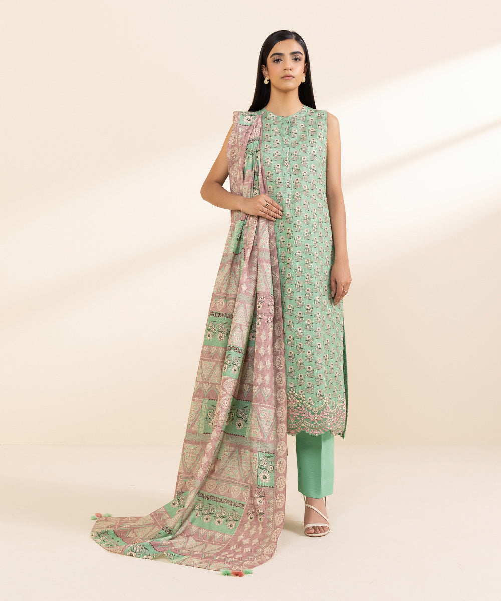 Women's Unstitched Light Khaddar Embroidered Green 3 Piece Suit