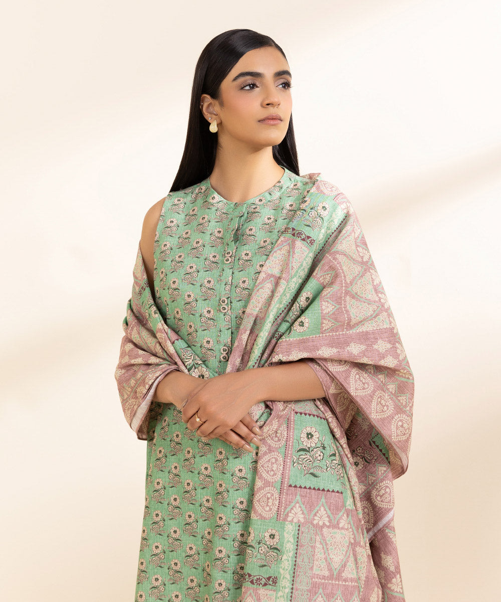 Women's Unstitched Light Khaddar Embroidered Green 3 Piece Suit