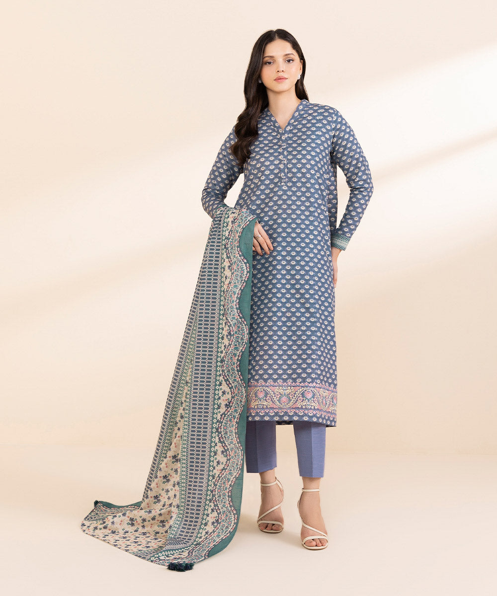 Women's Unstitched Light Khaddar Embroidered Blue 3 Piece Suit