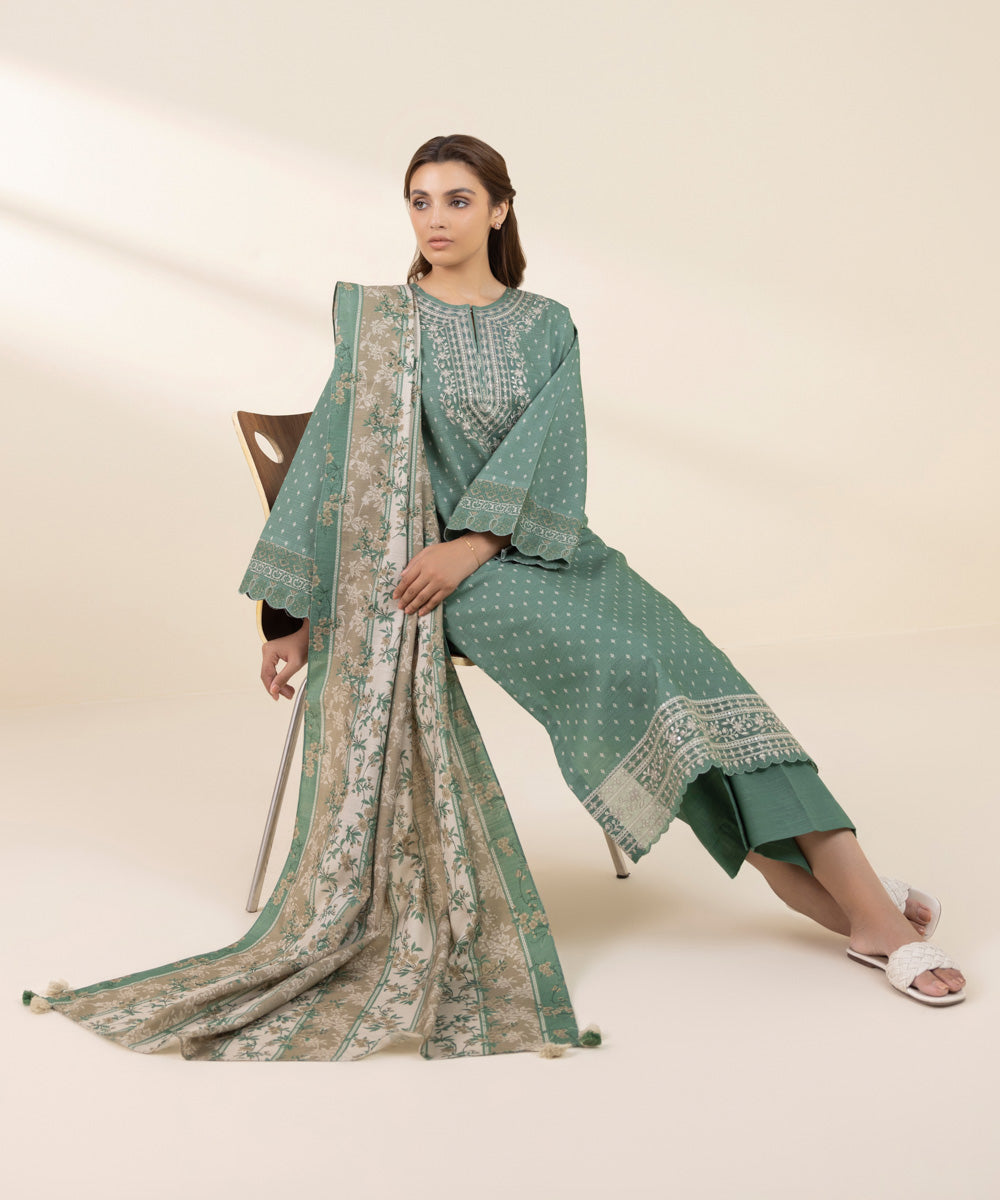 Women's Unstitched Khaddar Embroidered Green 3 Piece Suit