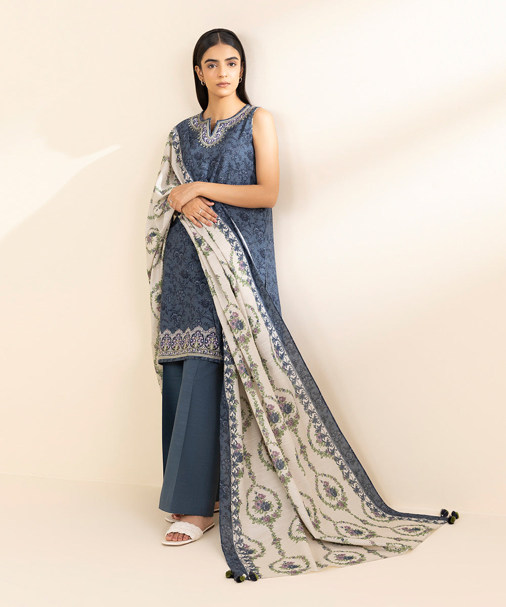 Women's Unstitched Khaddar Embroidered Blue 3 Piece Suit