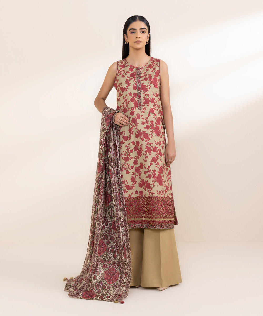 Women's Unstitched Embroidered Beige & Red Khaddar Three Piece Suit