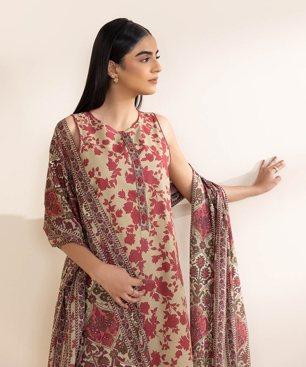 Women's Unstitched Embroidered Beige & Red Khaddar Three Piece Suit