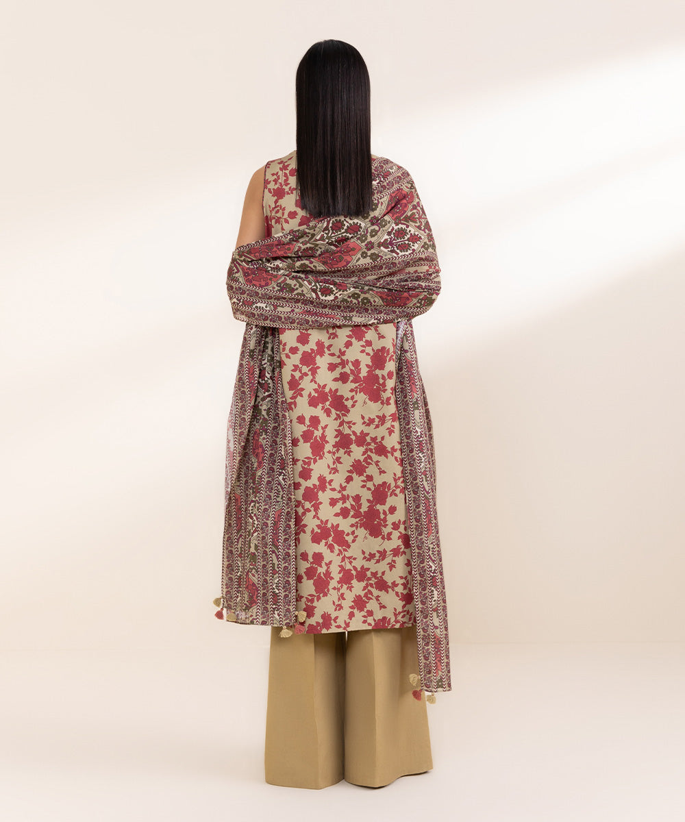 Women's Unstitched Embroidered Beige & Red Khaddar Three Piece Suit