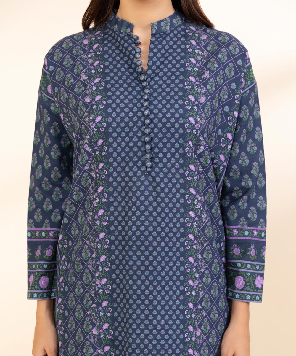 Women's Unstitched Khaddar Printed Blue 3 Piece Suit