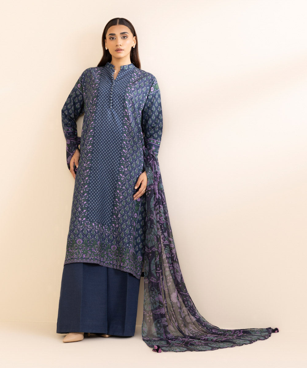 Women's Unstitched Khaddar Printed Blue 3 Piece Suit