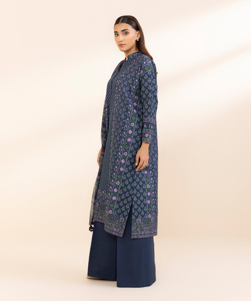 Women's Unstitched Khaddar Printed Blue 3 Piece Suit