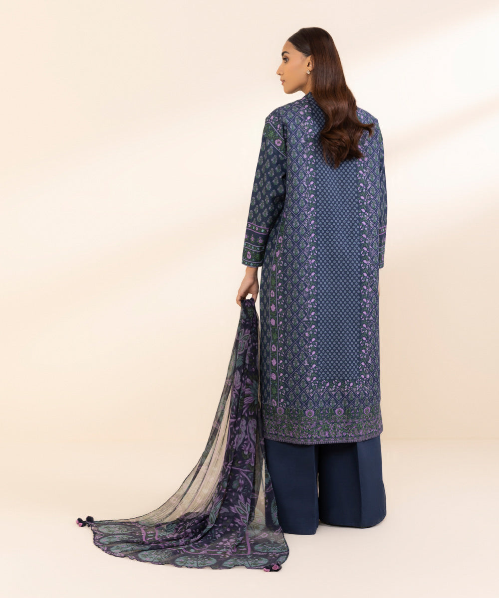 Women's Unstitched Khaddar Printed Blue 3 Piece Suit