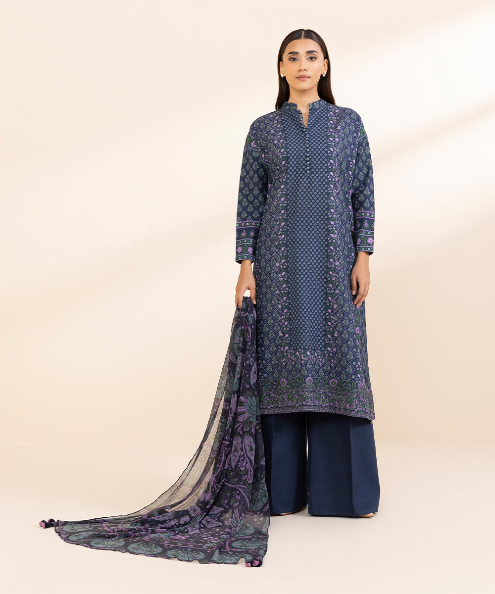 Women's Unstitched Khaddar Printed Blue 3 Piece Suit