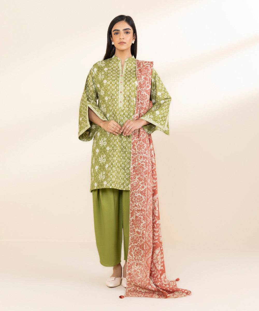 Women's Unstitched Lawn Printed Green 3 Piece Suit