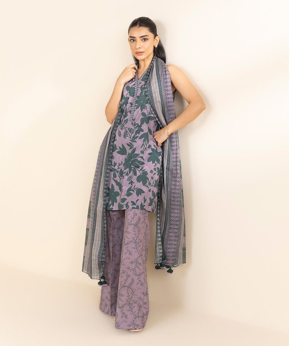 Women's Unstitched Lawn Printed Purple 3 Piece Suit