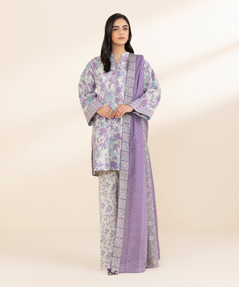 Women's Unstitched Lawn Printed Purple 3 Piece Suit