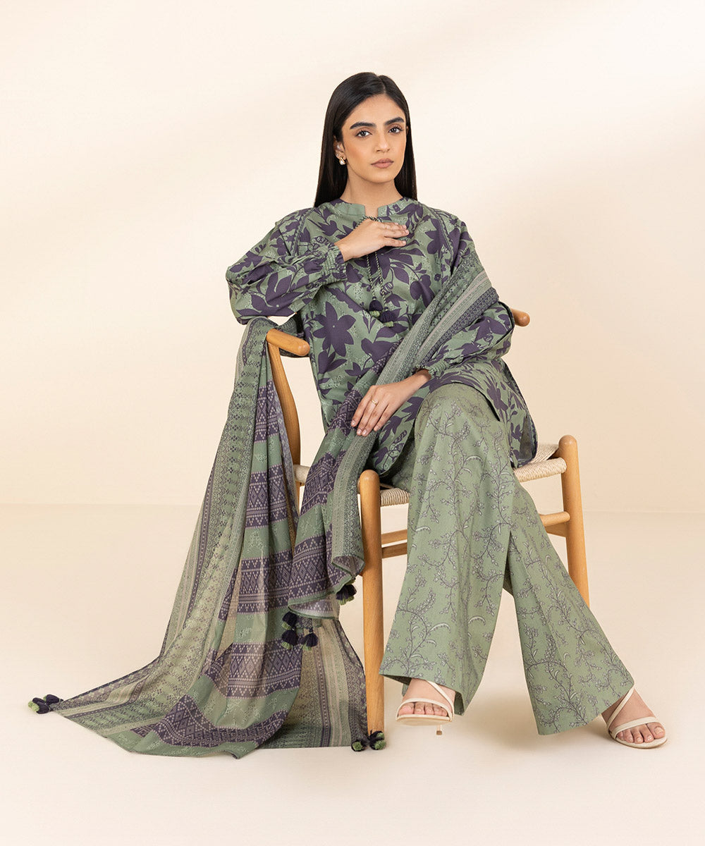 Women's Unstitched Lawn Printed Green 3 Piece Suit