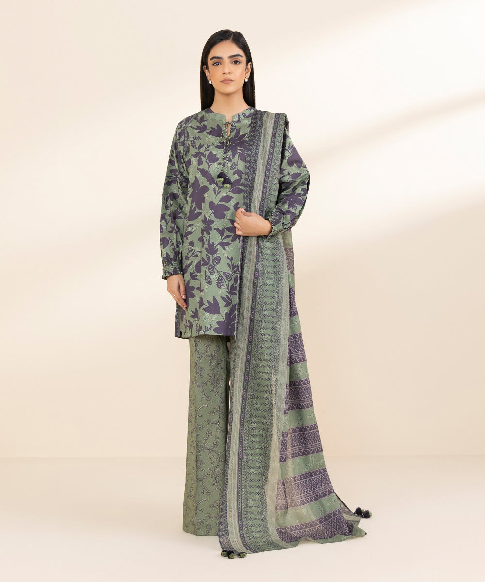 Women's Unstitched Lawn Printed Green 3 Piece Suit