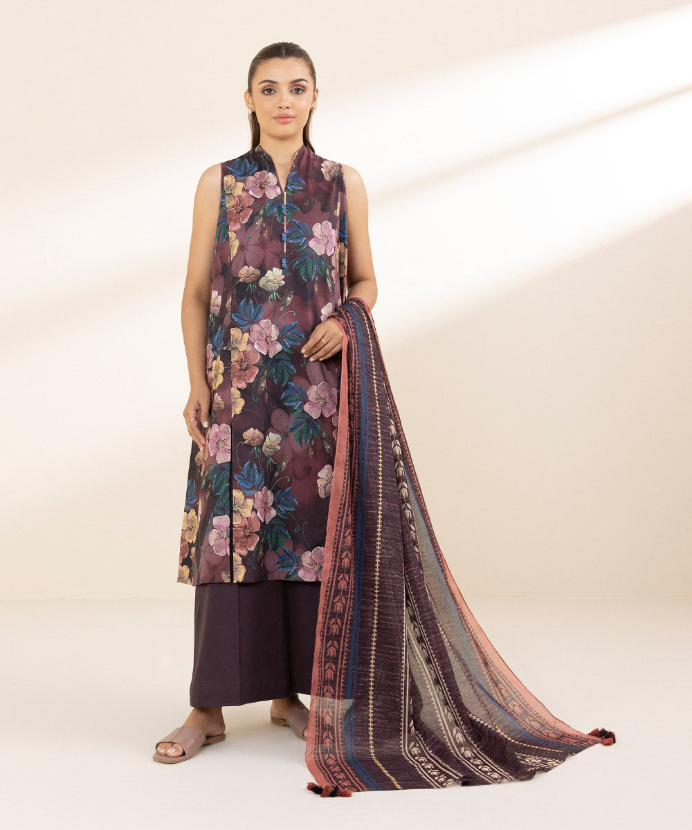 Unstitched Women's Printed Lawn Brown Three Piece Suit 