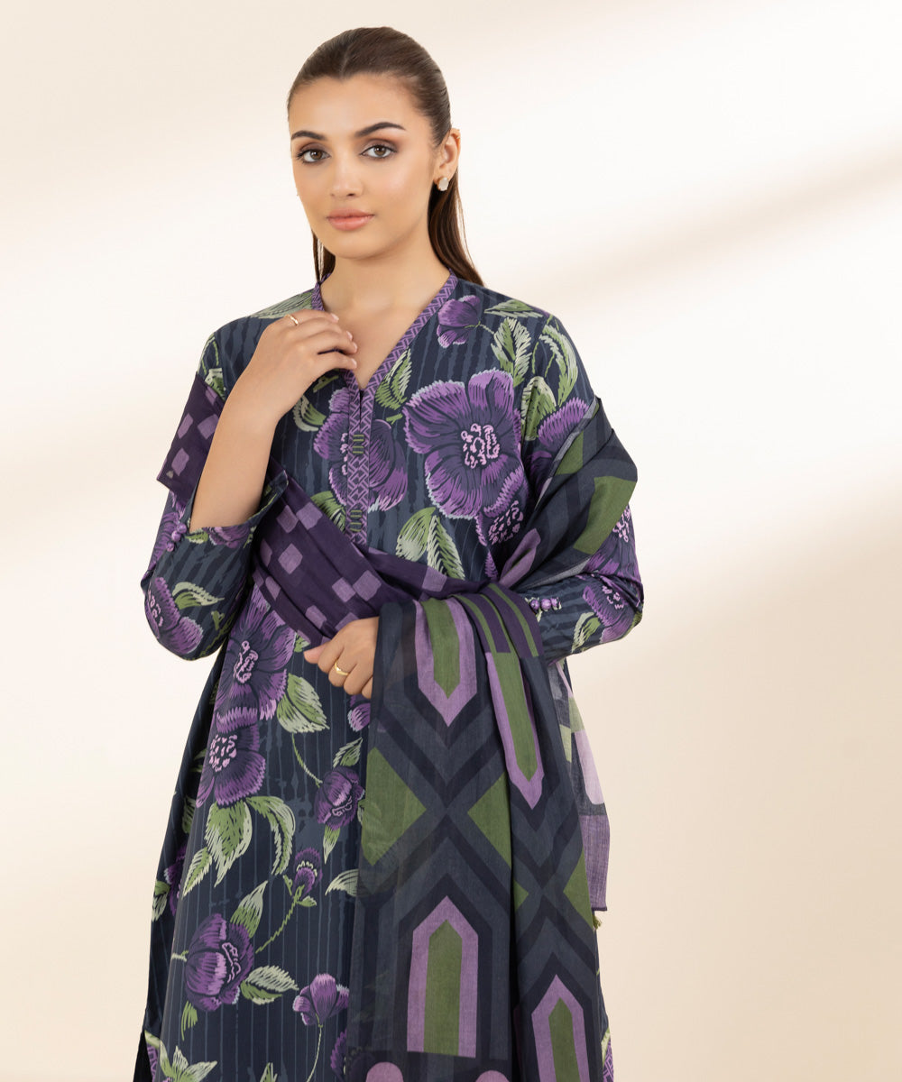 Unstitched Women's Printed Lawn Blue Three Piece Suit 