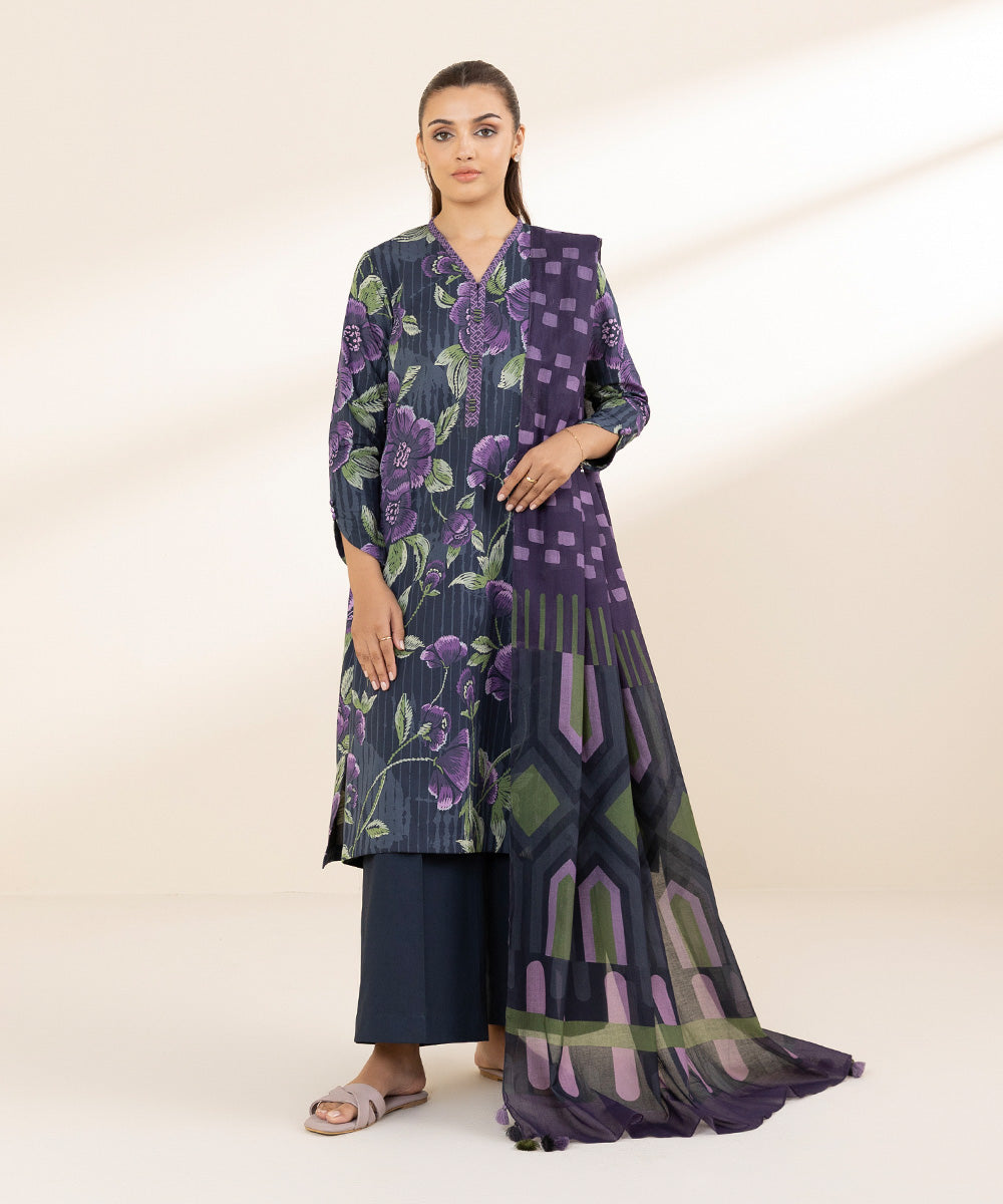 Unstitched Women's Printed Lawn Blue Three Piece Suit 