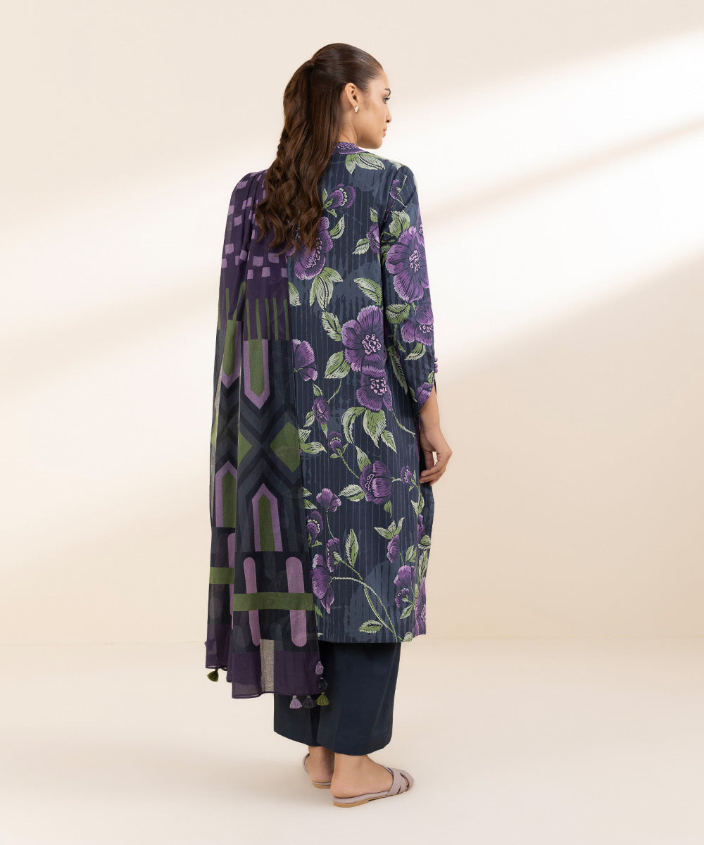 Unstitched Women's Printed Lawn Blue Three Piece Suit 