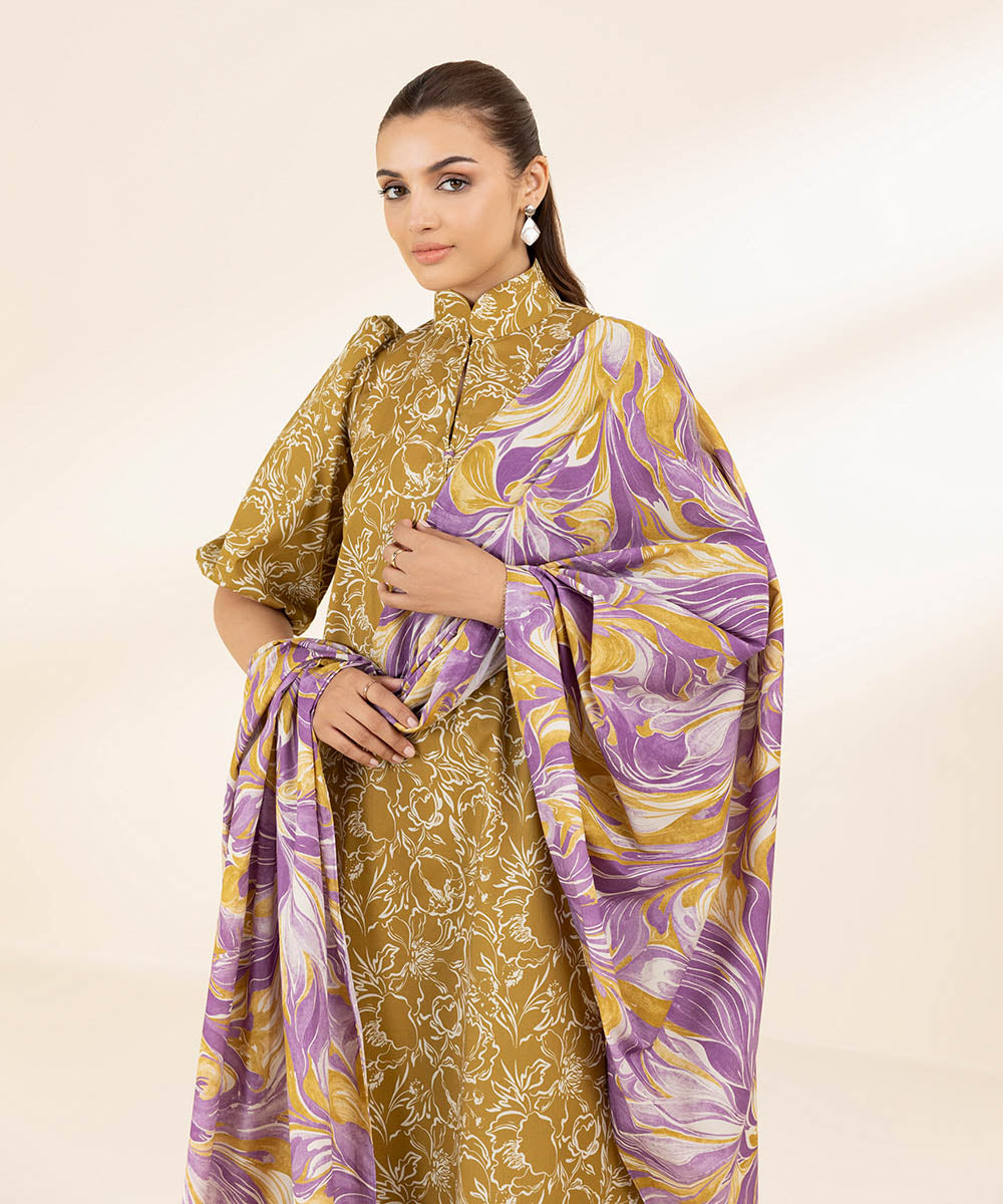 Unstitched Women's Printed Lawn Yellow Three Piece Suit 