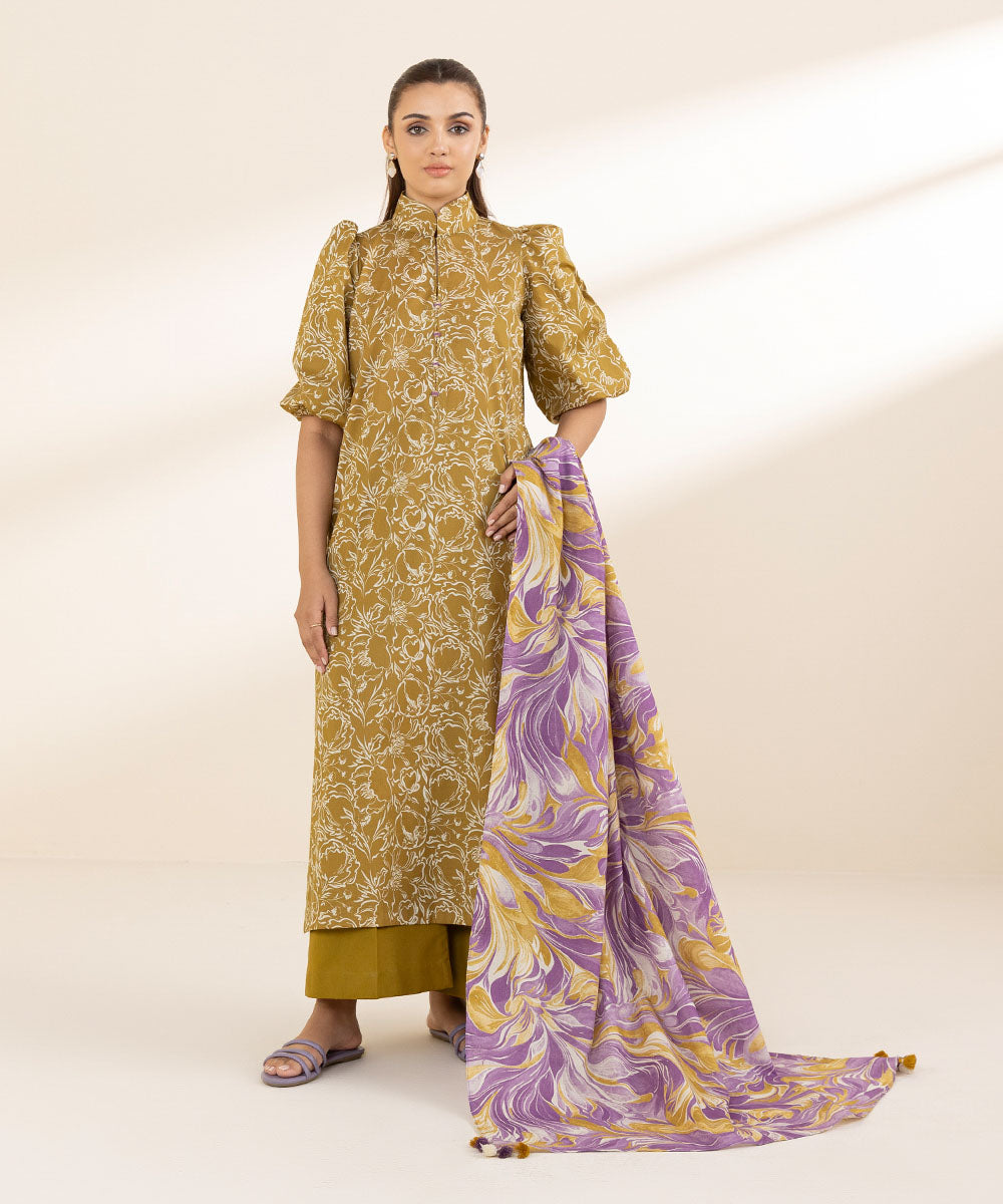 Unstitched Women's Printed Lawn Yellow Three Piece Suit 