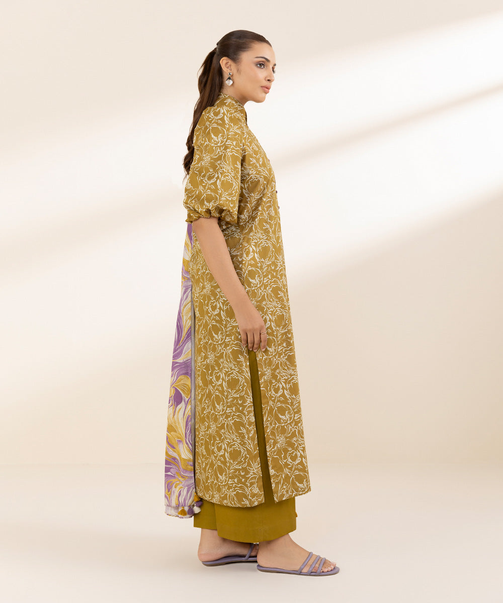 Unstitched Women's Printed Lawn Yellow Three Piece Suit 