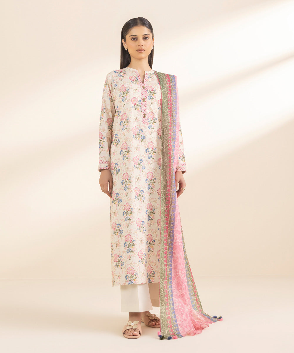 Unstitched Women's Printed Lawn Pink 3 Piece Suit