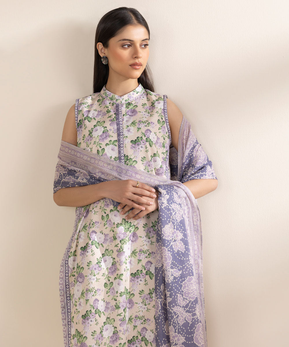 Unstitched Women's Printed Lawn Off White 3 Piece Suit