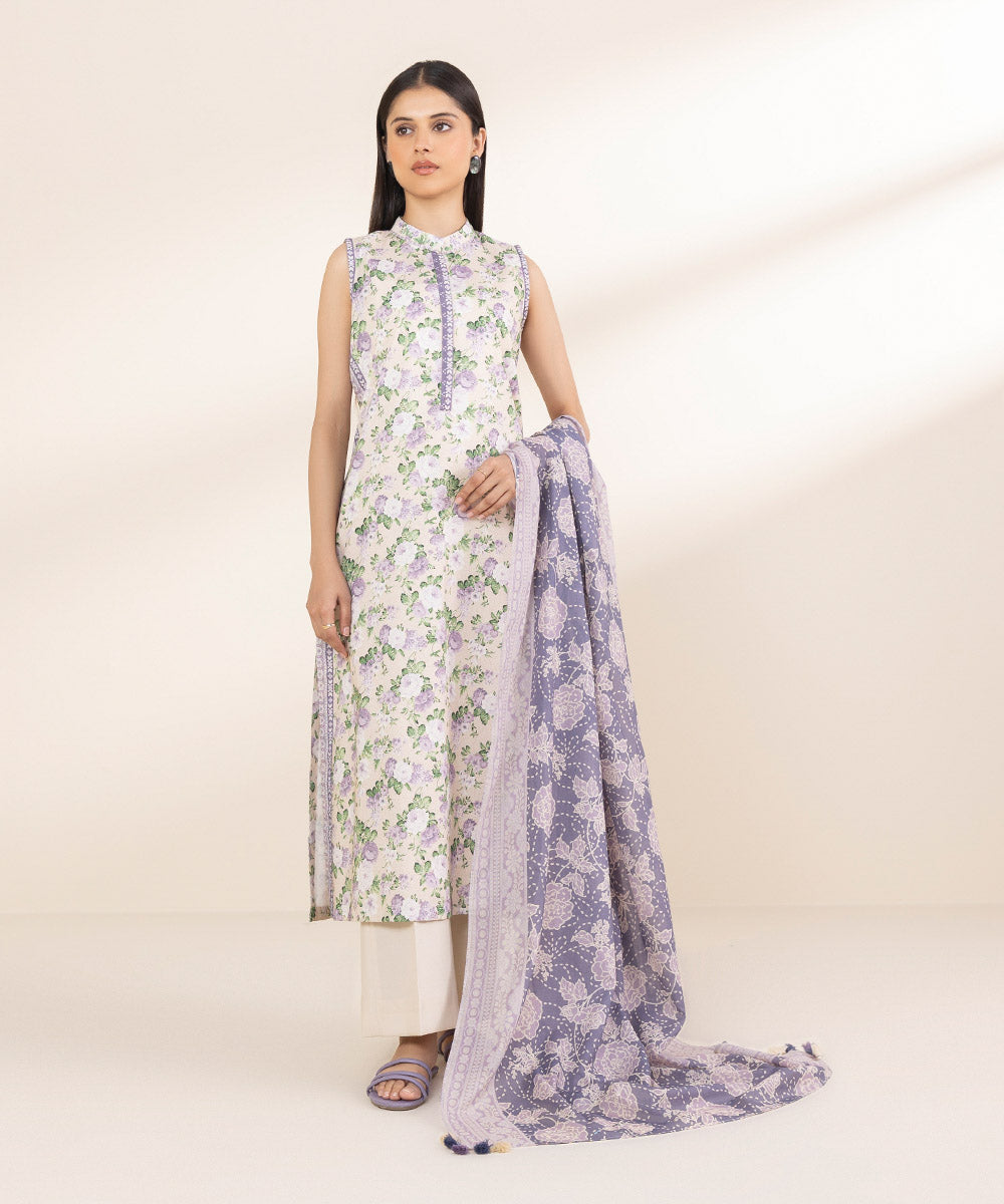 Unstitched Women's Printed Lawn Off White 3 Piece Suit