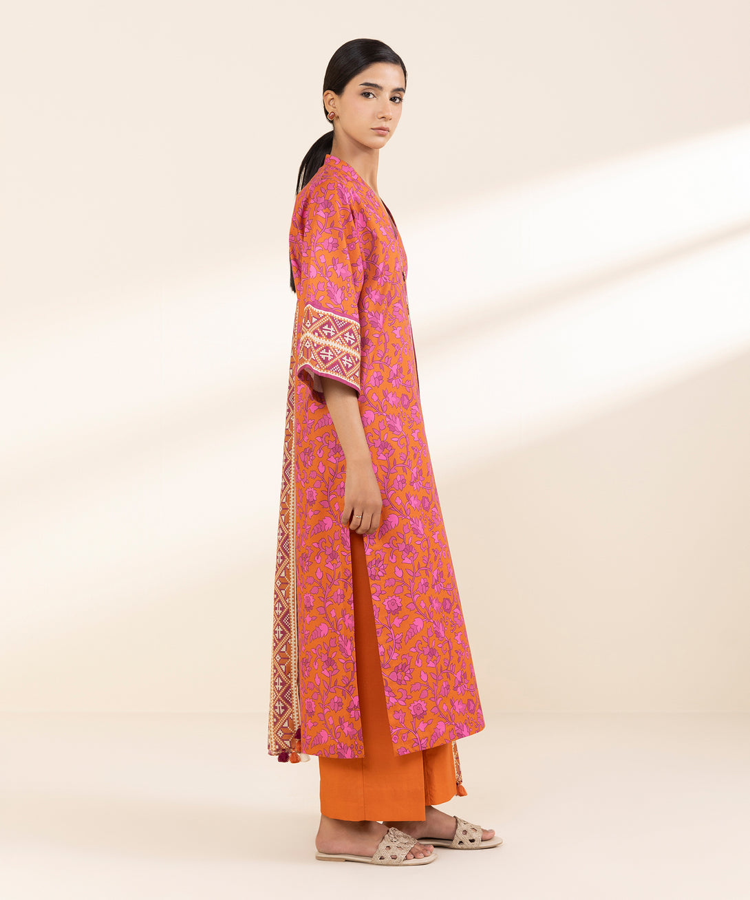 Women's Unstitched Lawn Printed Orange 3 Piece Suit
