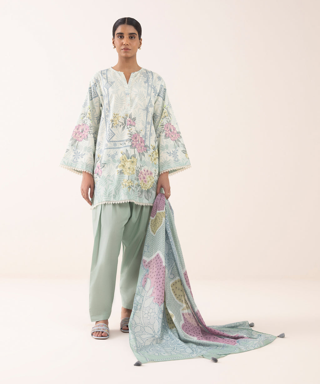Women's Unstitched Lawn Printed Blue 3 Piece Suit
