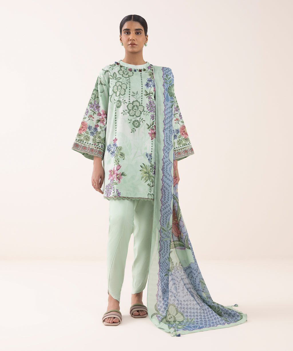 Women's Unstitched Lawn Printed Green 3 Piece Suit