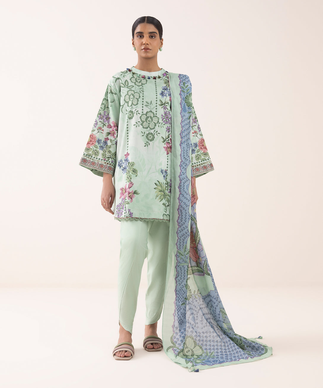 Women's Unstitched Lawn Printed Green 3 Piece Suit