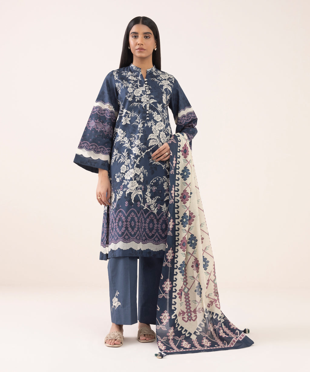 Women's Unstitched Cotton Printed Multi Three Piece Suit