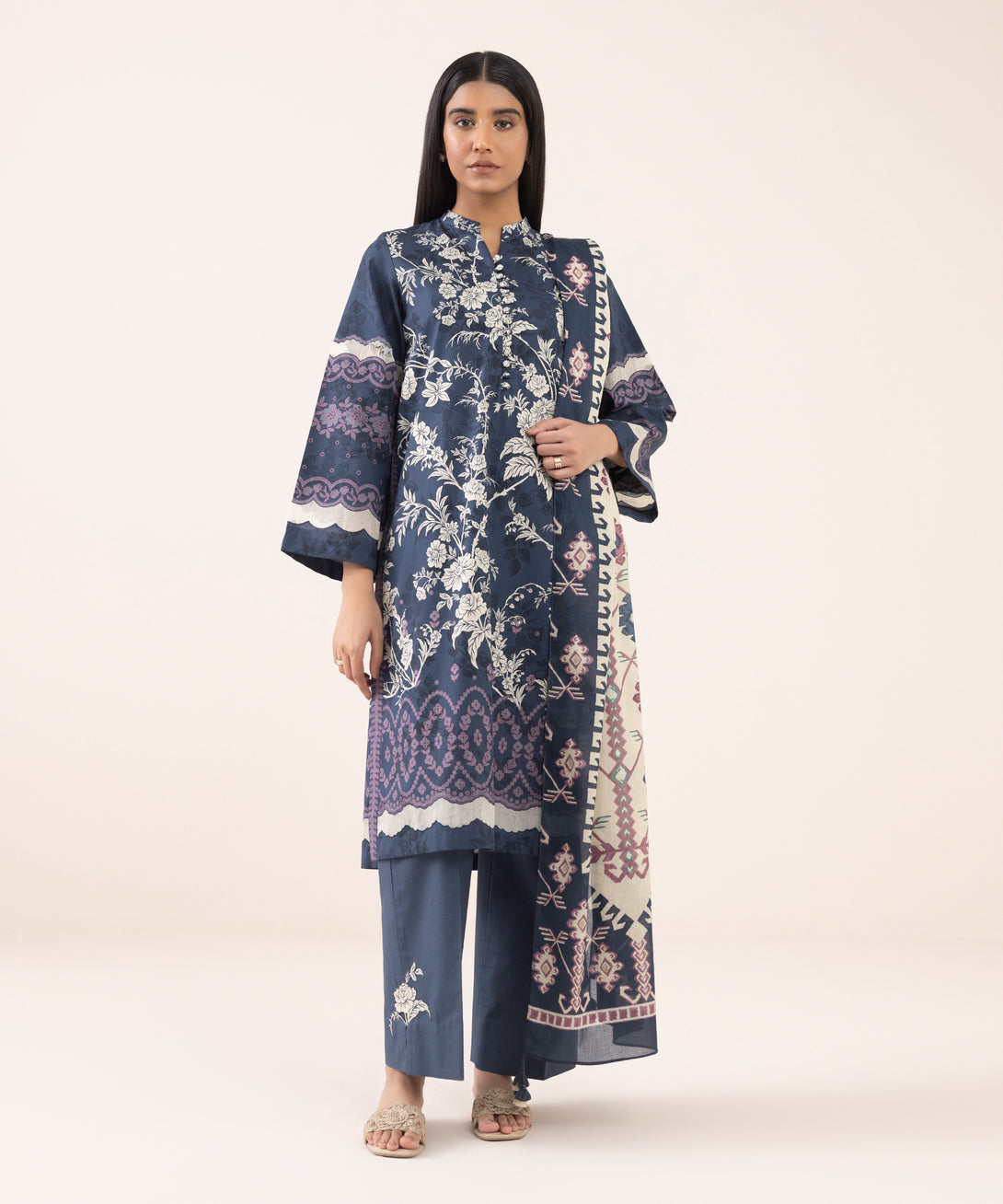 Women's Unstitched Cotton Printed Multi Three Piece Suit