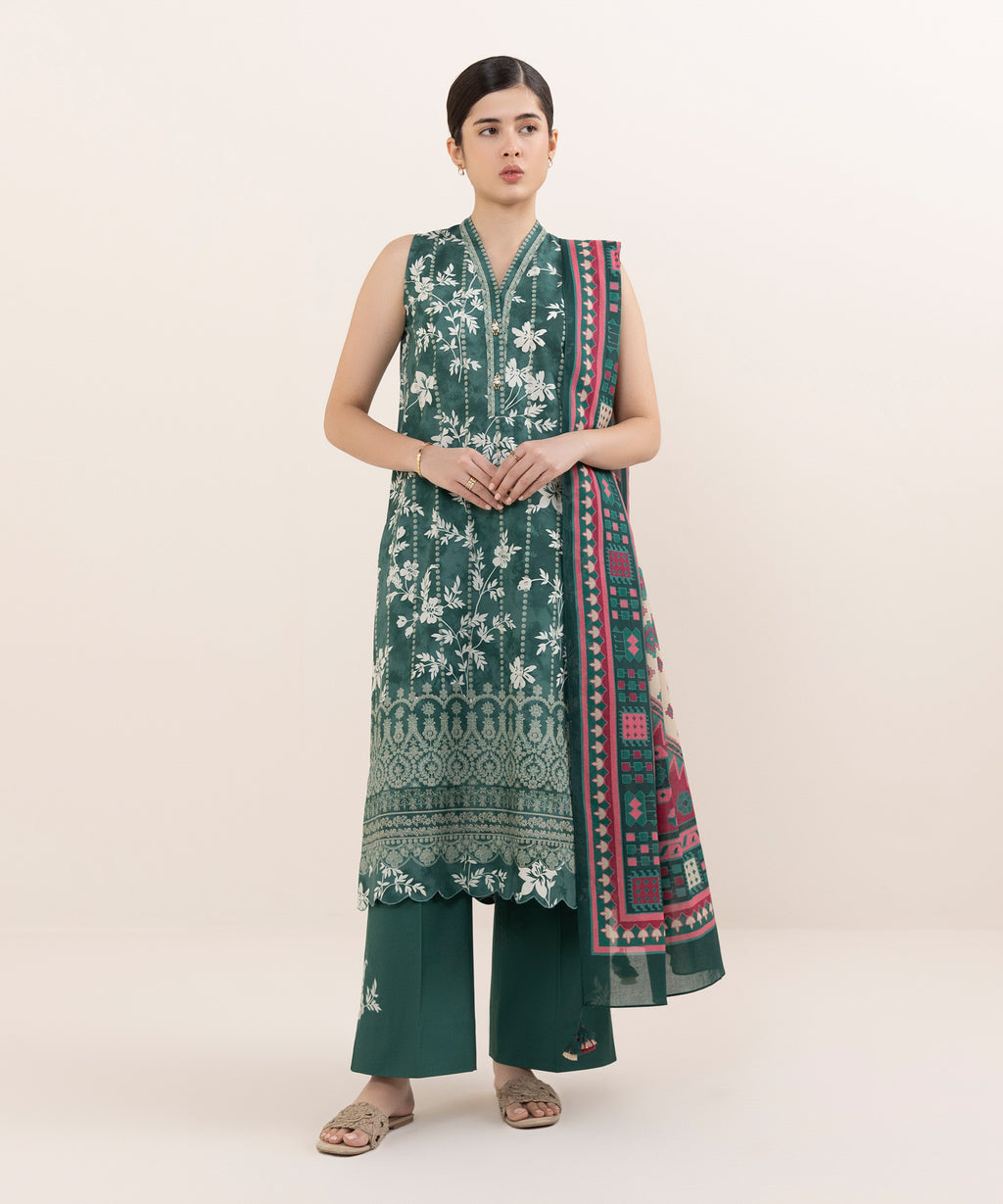 Women's Unstitched Cotton Printed Multi Three Piece Suit