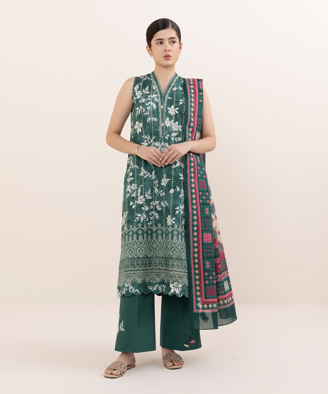 Women's Unstitched Cotton Printed Multi Three Piece Suit