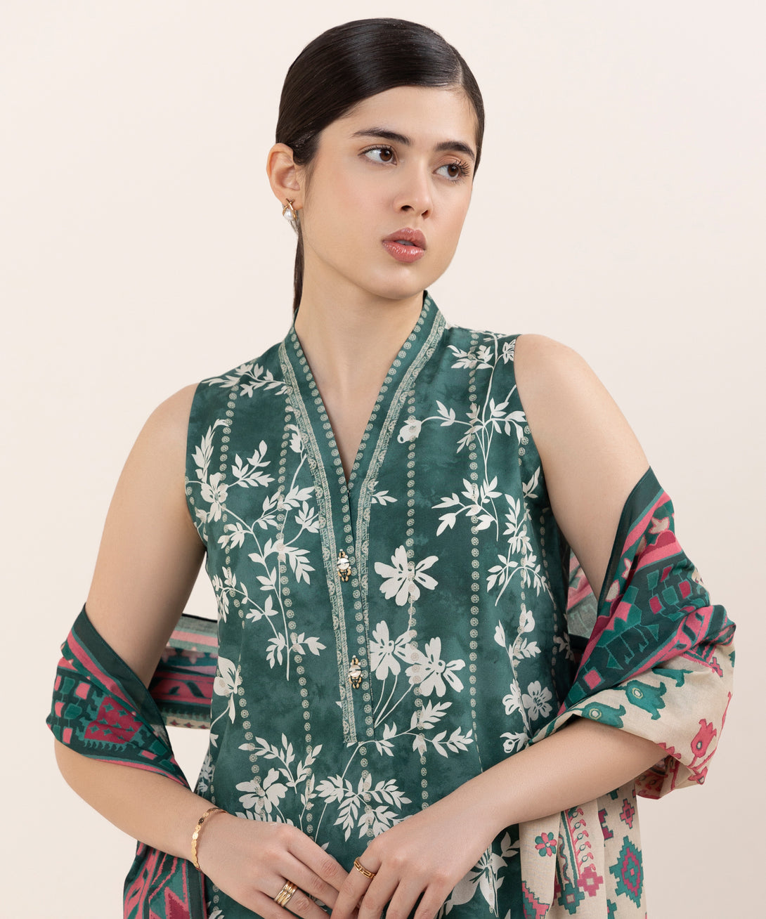 Women's Unstitched Cotton Printed Multi Three Piece Suit