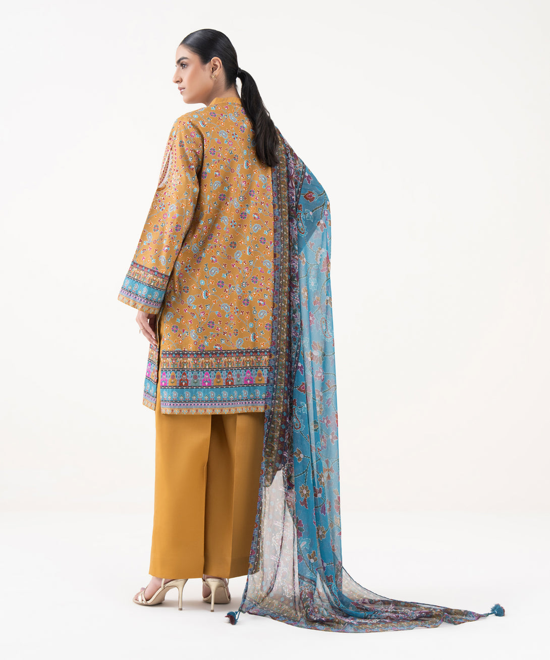 Women's Unstitched Cotton Viscose Printed Orange 3 Piece Suit