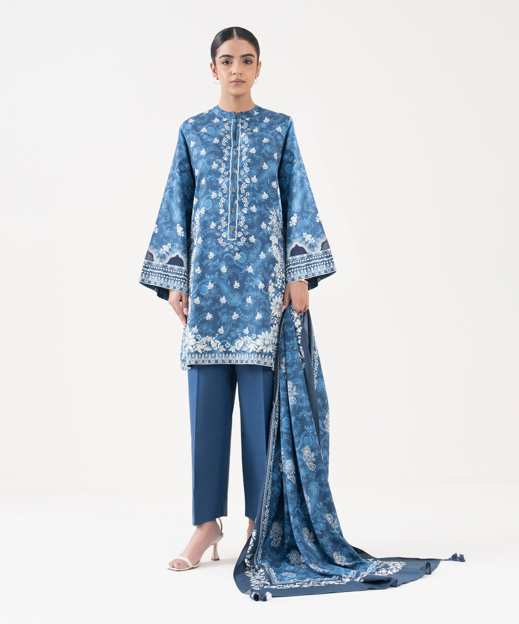 Women's Unstitched Linen Printed Blue 3 Piece Suit