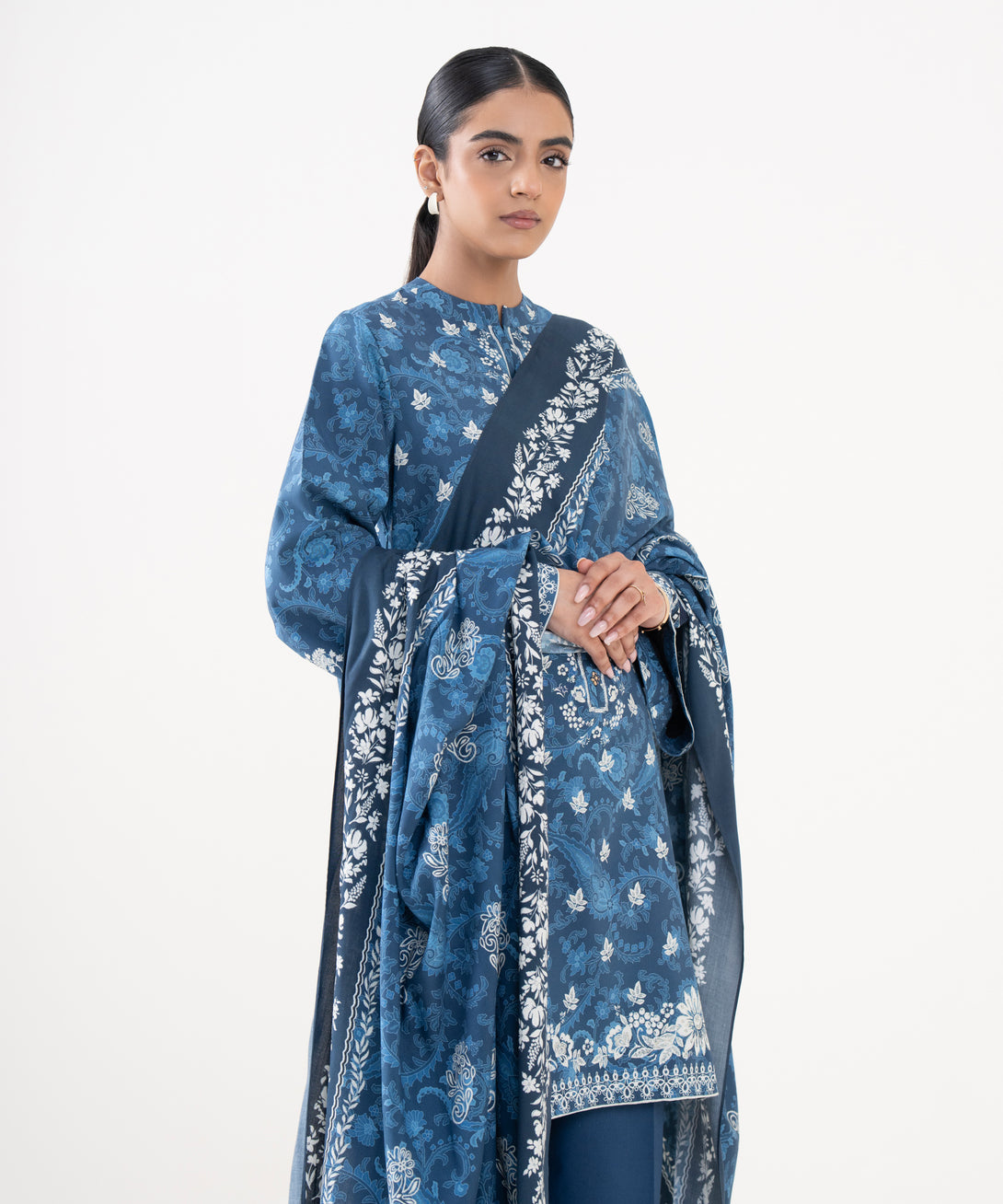 Women's Unstitched Linen Printed Blue 3 Piece Suit