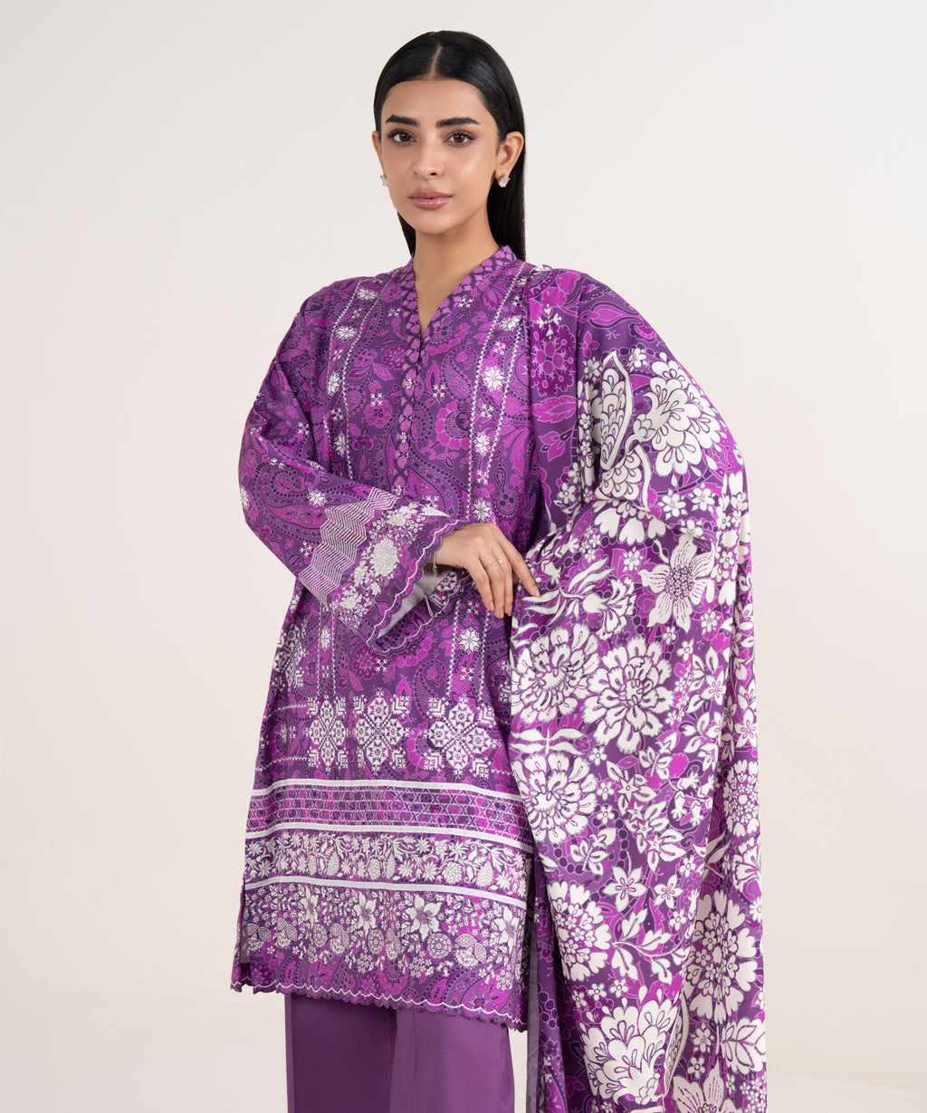 Women's Unstitched Linen Printed Purple 3 Piece Suit