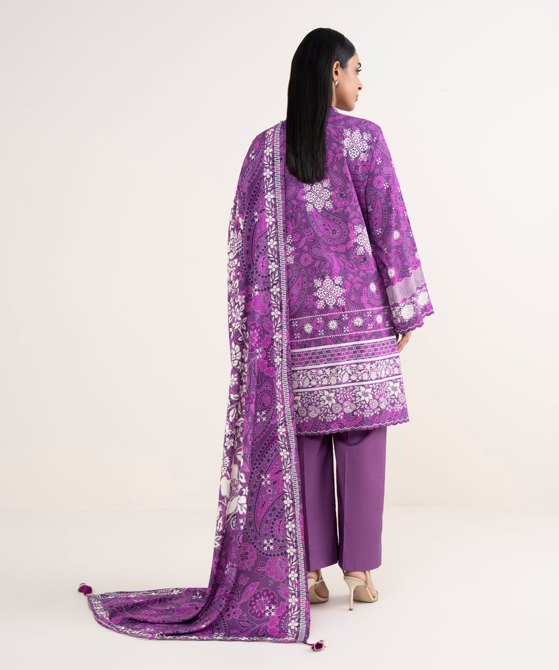 Women's Unstitched Linen Printed Purple 3 Piece Suit