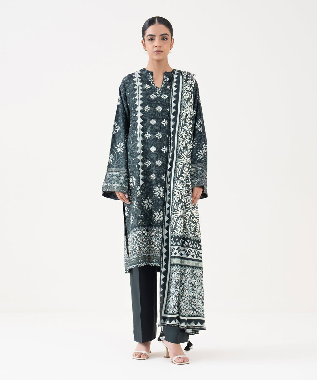 Women's Unstitched Linen Printed Grey 3 Piece Suit