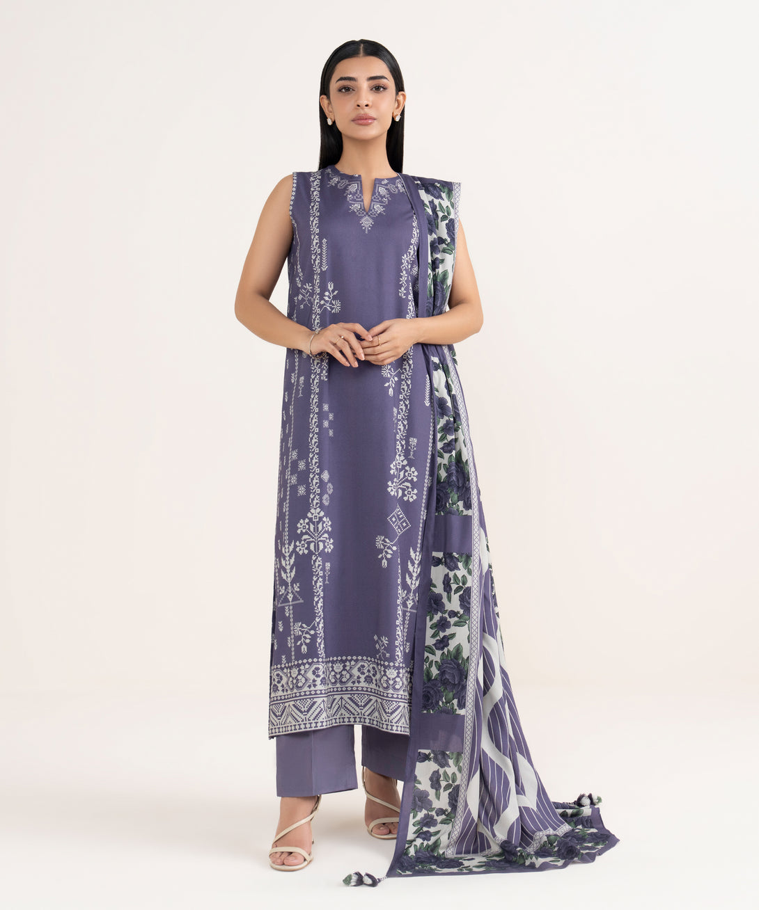 Women's Unstitched Linen Printed Blue 3 Piece Suit