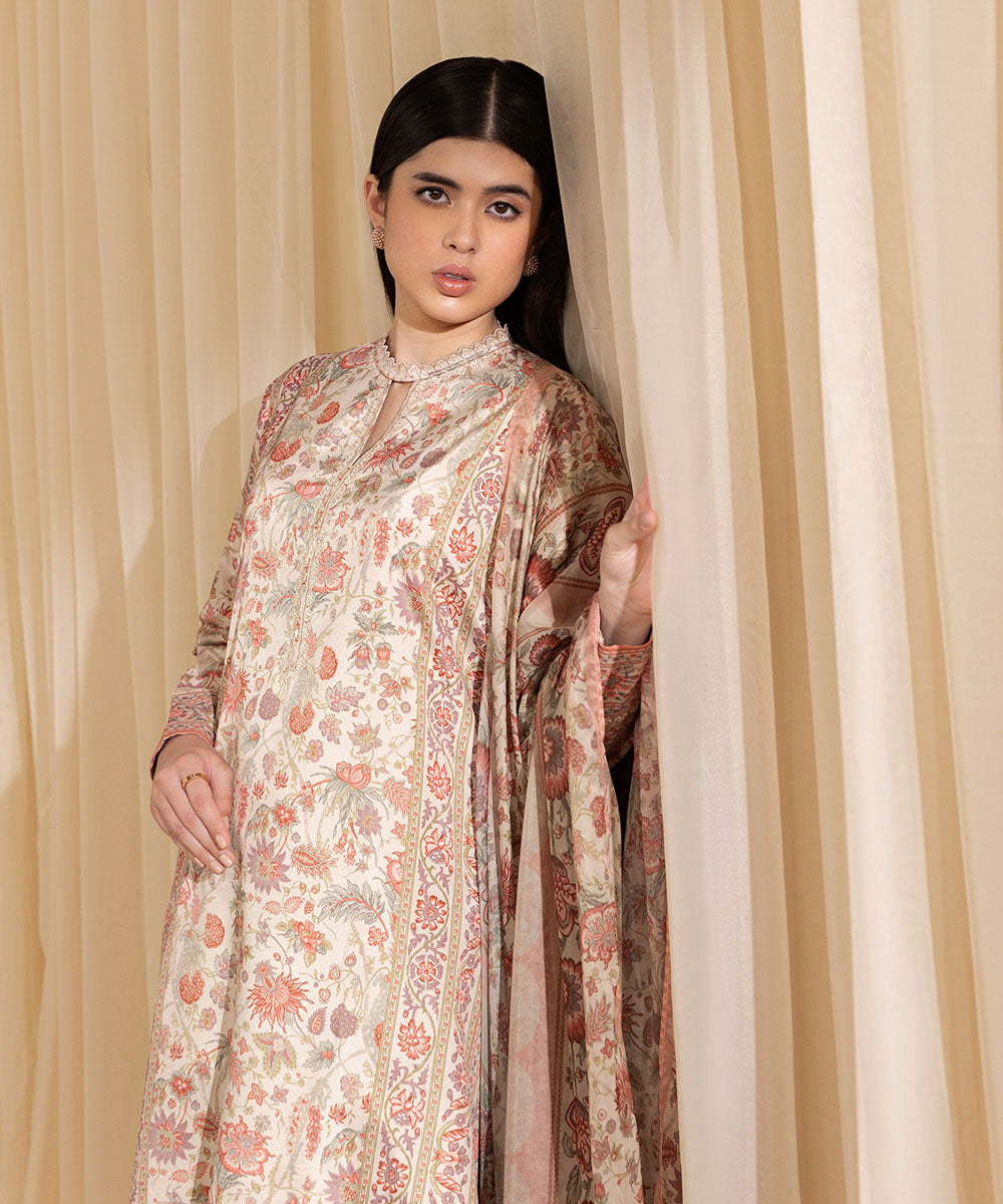 Women's Unstitched Printed Blended Grip Silk Beige 3 Piece Suit