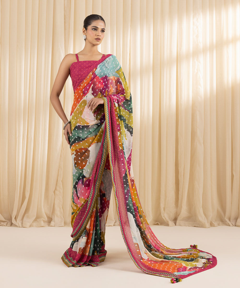  Women's Embroidered Raw Silk Multi Saree